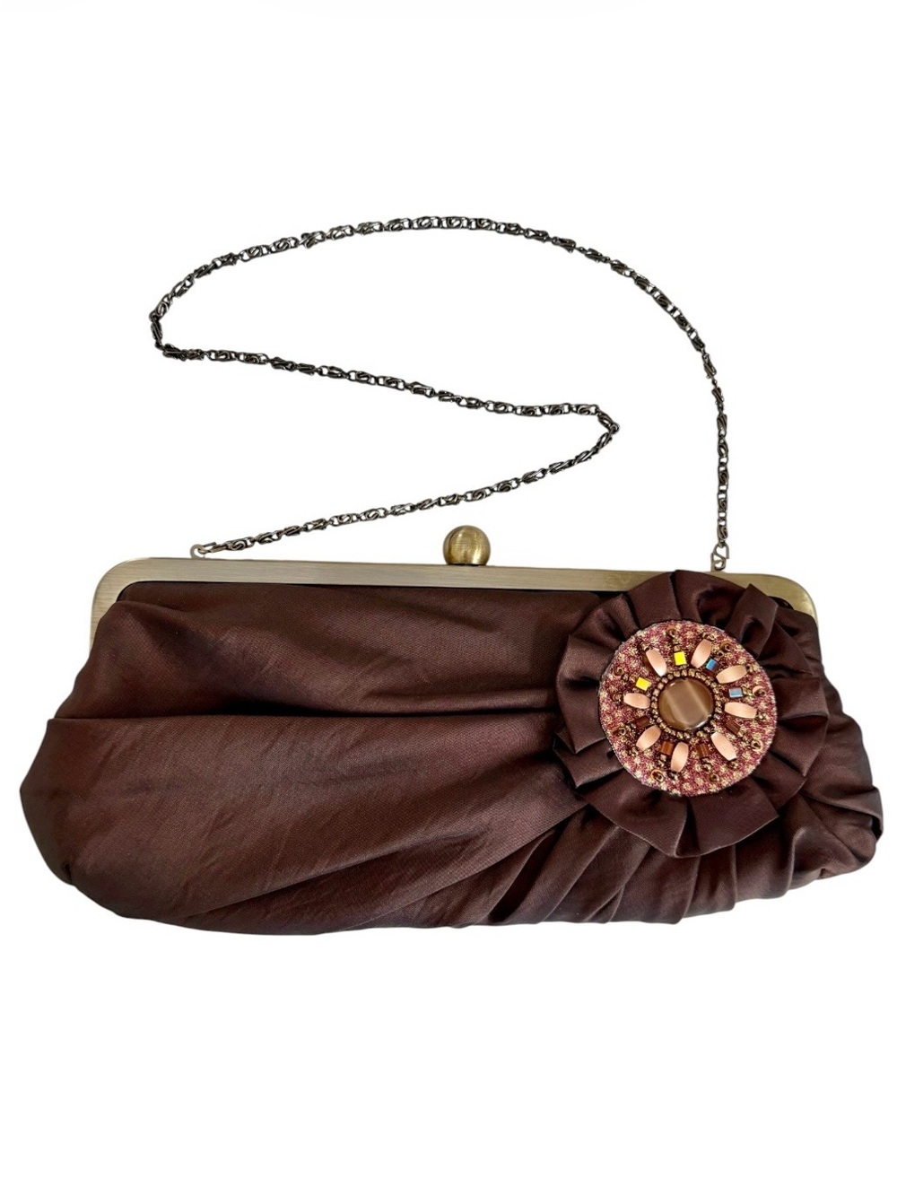 Vintage Brown Taffeta Satin Beaded Rosette Evening Clutch Excellent Cond